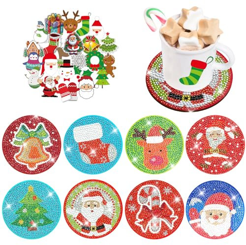 HOUT Lot de 8 sous-verres de peinture diamant de Noël – Peinture diamant pour adultes – Ensemble de peinture diamant avec autocollants de Noël – Sous-verres DIY pour débutants, garçons et filles