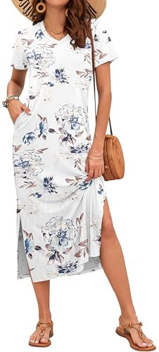 AUSELILY Summer Dress for Women Short Sleeve Maxi Beach Dress V Neck Sundress Slit Dress with Pockets Elegant Dresses Floral White L