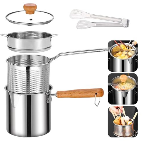 Olla para freír, Freidora de 3 Litros con Colador, Cesta para Freír, Tapa de Olla, Vaporizador, Clip de Alimentos, Olla de Filtro de Aceite de Acero Inoxidable 304, Borde Superior