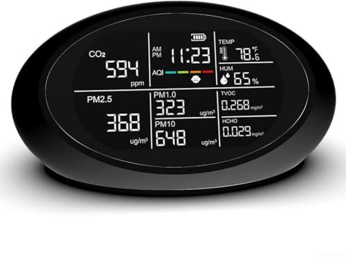 Monitoraggio della qualità dell'aria interna 12 in 1, con allarme di anidride carbonica, rilevatore TVOC PM2.5, misuratore portatile di temperatura e umidità per casa, ufficio, scuola, auto (nero)
