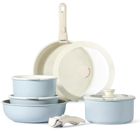 Set di Pentole e Padelle Antiaderenti 11 Pezzi con Manico Rimovibile: Design Impilabile per Forno, Gas, Induzione e Lavastoviglie, Senza PFAS (Blu)