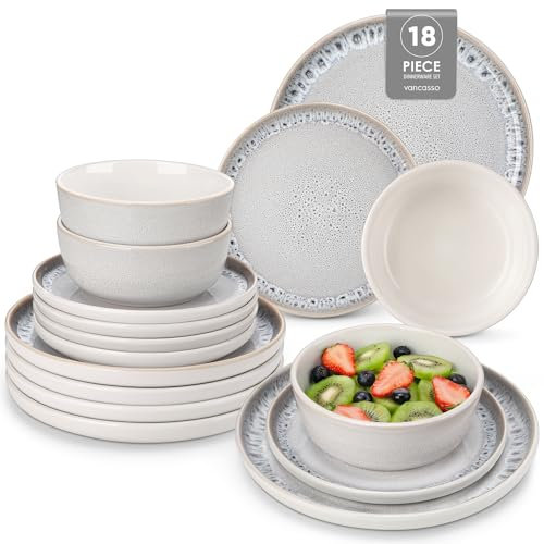 Geschirrset 6 Personen, vancasso PLAYA 18tlg Tafelservice 6 Personen Modern, Steingut Geschirrset, Beinhaltet Schüssel, Dessertteller und Speiseteller, Spülmaschinenfest, Braun