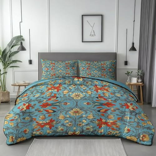 Bettwäsche 135 x 200 cm Print Bettbezug 3 Teilig Set mit 2 Kissenbezug 80x80 cm, William Morris Symmetrische Blumen Muster Weiche Hellblau Bettbezug en Mikrofaser