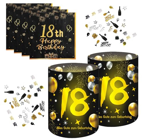 20 Stück Servietten Geburtstag, 18. Windlicht Tischdekoration, Schwarzes Gold Happy Birthday Deko, 18. Tischdeko Geburtstag Manner Frauen, 15g Konfetti Geburtstagsdeko