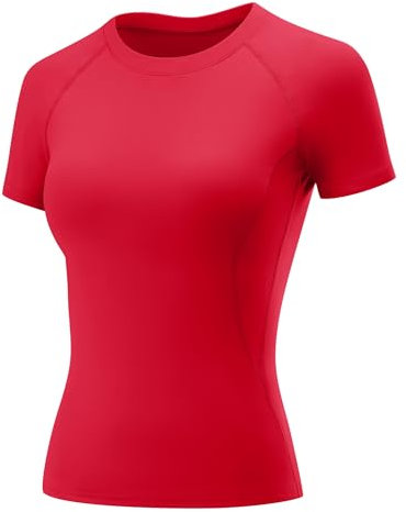 Rapbin Ladies Gym Tops Compression Workout Top Womens Short Sleeve Activewear Sports Tee Shirt Tight Shirts Athletic Yoga Running Red M