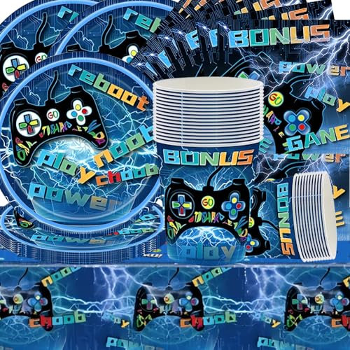 Doyomtoy Video Game Stoviglie per Feste, Decorazioni per Feste di Compleanno Videogiochi Piatti di Compleanno Tazze Tovaglioli Tovaglie per Bambini Compleanno Decorazioni 16 Ospiti