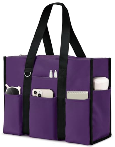 Becokan - Borsa a secchiello grande per donne, impermeabile con 12 tasche, chiusura con cerniera superiore, borsa per insegnanti e infermieri, per lavoro e scuola, Viola, Large