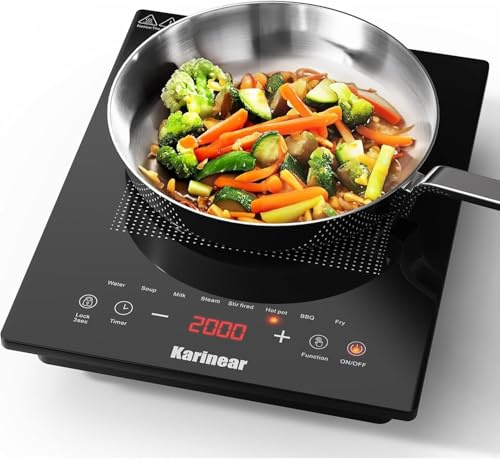 Karinear Plaque à Induction 1 Feux avec Prise | Plaque de Cuisson Electrique Portable, Verrouillage de Sécurité, Commande Tactile, Minuteur, 2000W, 220V