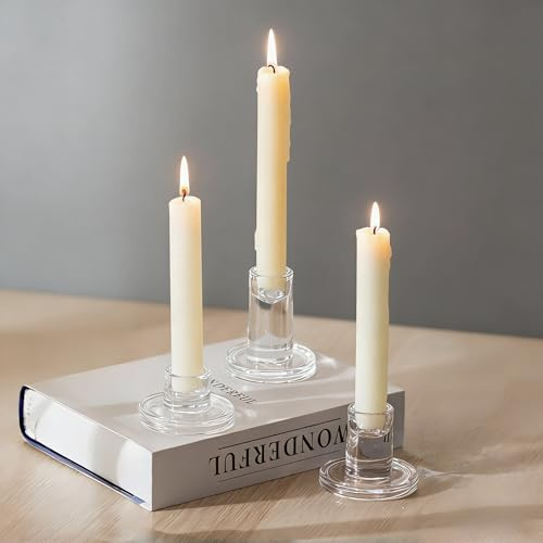 Glasseam Ljusstake stavljus stavljushållare glas, 3 stycken | 3 höjder (3,5/5,5/7,5 cm), tjockt glas, för 2,2 cm stavljus, bordsdekoration, vardagsrum, bröllopsdekoration