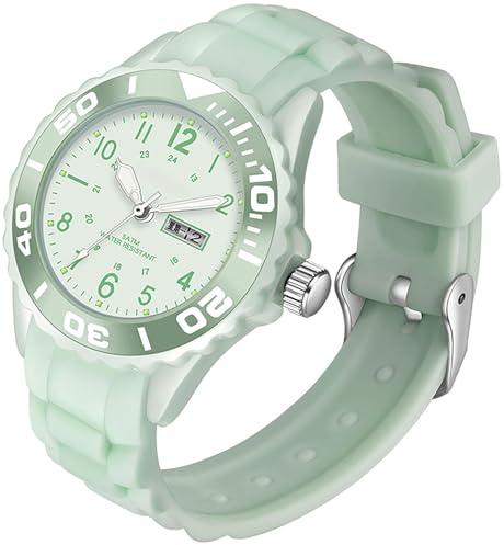 findtime wasserdichte Damen Uhr für Frauen Mädchen Studenten Candy Farbe Silikonband 24 Stunden mit Sekundenzeiger Farbiges Arabische Ziffern Analog Quarzuhr mit Datum Woche