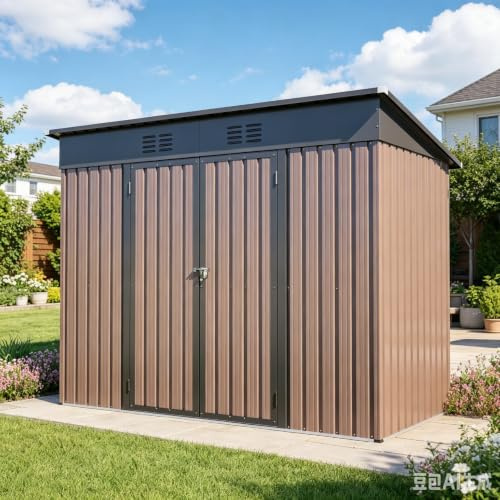 8x4 FT Metall Gerätehaus Schuppen mit Satteldach & Tür, Geräteschuppen | Stahl-Gartenschuppen wetterfest, für Lagerung von Gartengeräten, Fahrrädern, für Outdoor Garten Terrasse, Braun, ohne Boden