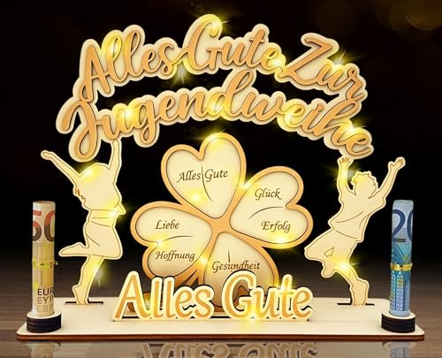 Jugendweihe Geldgeschenke Holz,3D Kleeblatt Glück mit Alles Gute zur Jugendweihe“ – Personalisierbare Geldgeschenk Verpackung für Mädchen und Jungen