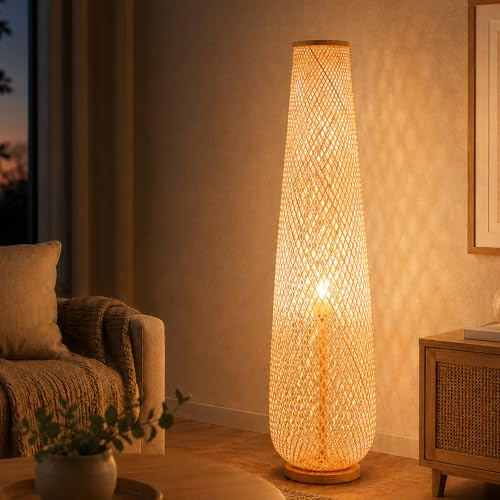 KlkrzJwy Lampe Sur Pied En Bambou Bohème-rustique, 93 CM, Rotin Et Osier, Inspirée Des Lanternes En Papier, Douille E27, 3 Températures, Socle En Bois, Pour Salon Ou Chambre (Ampoule Incluse)