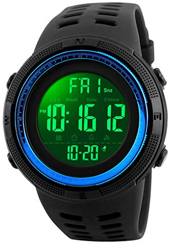TONSHEN Digitales Relojes de Hombre Deportivos Militares Táctica 50M Resistente Agua Outdoor LED Display Multifuncional Electrónica Plástico Bisel Y Correa Goma Relojes de Pulsera (Azul)