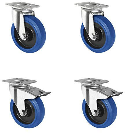CASCOO SETSPTP125R4E1B34 Rollensatz 2 Lenkrollen-, 2 mit Feststeller, Polyamid, Elastik blau, Gummi, Durchmesser 125 mm, Kugellager, Transportrollen, Traglast 600 kg (4-er Pack)