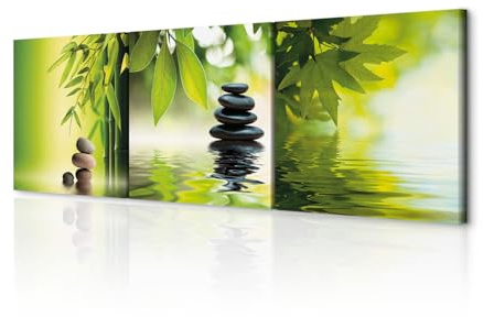 decomonkey Quadri Moderni Soggiorno Zen Spa Natura Bambù, 3 pezzi, 30x30 cm | Tela strutturata su telaio in legno, decorazione da parete, pianta, lascia, acqua, rocce, verde, Quadro Stampa su Tela
