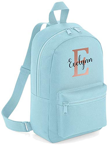 FunkyShirt Rose Gold Custom Initial and Personalised Name Kids Childrens School Backpack Bag Girls Cute Rucksack Bags Pretty Cursive Toddler Nursery Gym Sack (Powder Blue)