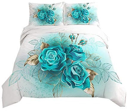 Duvet Cover Set Rose Flower 3D Digital Printing Romantic Floral Bedding Set Girl Woman Black Blue Gold Red Quilt Cover with Pillowcase, Microfiber (Light Blue, Single)