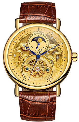 FORSINING Herren Analog Automatik Uhr Vintage AM/PM Sonne Mond Skeleton mit Kalbsleder aus Leder Armband, Gold