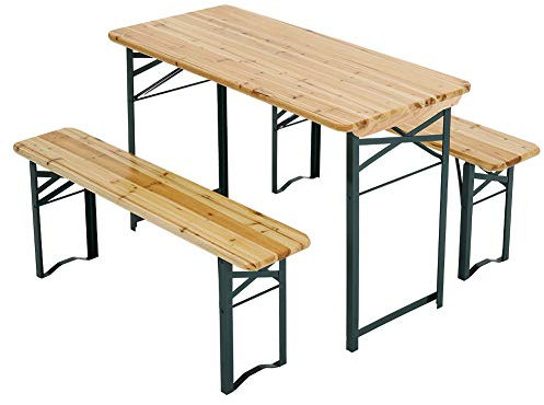 Warmiehomy Folding Camping Wooden Beer Table and Bench Set 3pcs Outdoor Garden Furniture Portable Picnic Trestle Table Bench Set with Metal Legs for Patio Yard Party BBQ Fishing, 117cm x 56cm x 76.5cm