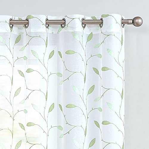 TOPICK Sheer Vorhang Voile Gardinen mit Ösen Blätter Stickerei Transparent Ösenschal Gaze Paarig Ösenschals Blatt für Wohnzimmer Schlafzimmer Stores 2er Set Grün auf Weiß H225 x B140 (cm)