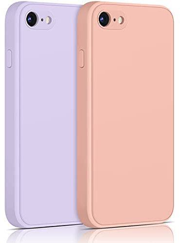 Yisica 2 Pack Silicone Coque Compatible pour iPhone SE 2020 / iPhone 8 / iPhone 7 / iPhone SE 2022, Silicone Coque avec Doublure en Microfibre Douce Protection Complète 4,7, Rose/Herbe Pourpre