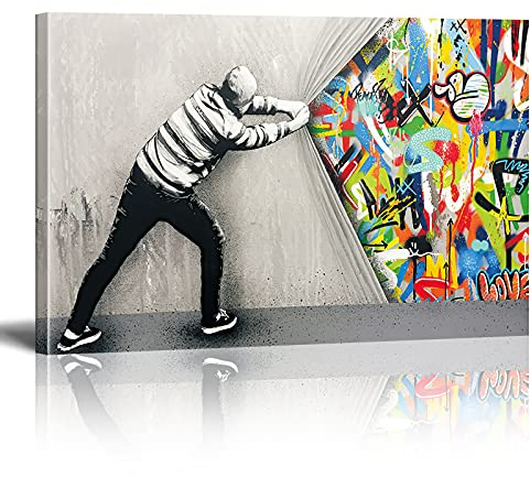 Banksy Bilder auf Leinwand Hinter dem Vorhang Graffiti Street Art Wand Bild Pop Art Gemälde Kunstdruck Modern Wandbilder XXL Wanddekoration (Mit Rahmen, 40x30cm)