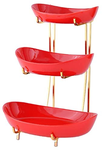 JUNYFFF Frutero De 3 Pisos Cerámica, Cesta De Frutas Cocina Mostrador Y Organizador para Verduras Y Frutas, Metal Soporte De Frutas con Cuencos, Fruit Basket para Verduras, Frutas, Aperitivos,Rojo
