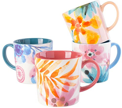 Spice by Tia Mowry Floral Garden Lot de 4 grandes tasses en porcelaine décorée 50 cl