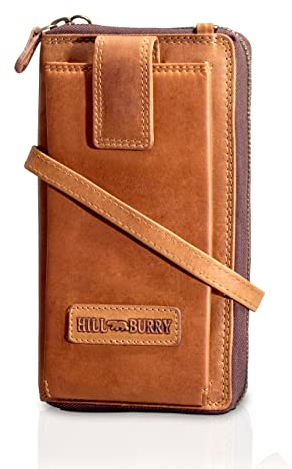 Hill Burry Echtleder Handy Portemonnaie Rinara I Geldbörse | Umhängetasche | Handy Wallet hochwertigem naturgegerbtem Leder | RFID Schutz | B 11cm x H 19,5cm x T 4,5cm (Braun)