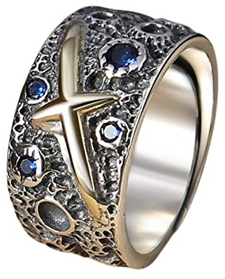 RobertDTesta S925 Sterling Silber Herren Sternenhimmel Blauer Meteorit Ring, Gothic Retro Mode Kreuz Ring,Silber,7