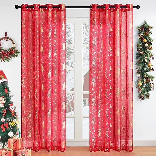 Topfinel Weihnachtsdeko Gardinen mit Ösen 225x140cm (HxB) Voile Vorhänge Weihnachten Rot Vorhang Transparente für Wohnzimmer Schlafzimmer Balkontür Fenster