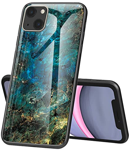 IMIRST Phone Case for Apple iPhone 13 mini - Shockproof Protective Snap-on Case with Glass Back Shell Marble Pattern Design for Apple iPhone 13 mini LS Marble Green