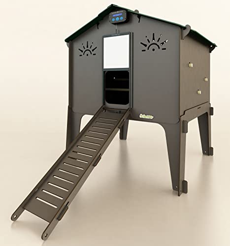Erhöhter Hühnerstall mit Leiter für 15 Hühner Legehennen PolLY DUPLEX 2XL Grau mit 3 Sitzstangen 2 Sitzplätzen Außentür sichere Anti-Raubtier aus strapazierfähigem HPL Laminat gegen rote Milbe