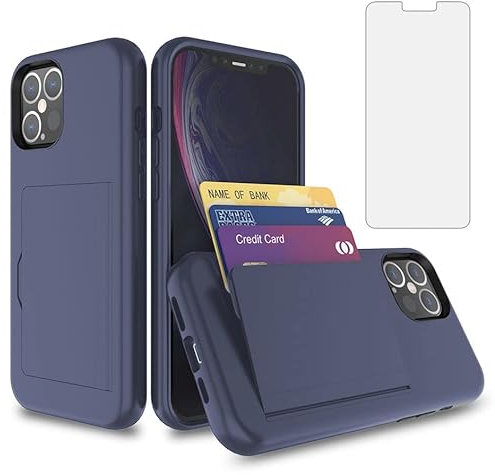 Asuwish Phone Case for iPhone 12 Pro 6.1 with Tempered Glass Screen Protector Cover and Credit Card Holder Stand Slim Hybrid Cell Accessories iPhone12pro 5G i 12s iPhone12 12pro Women Men Navy Blue