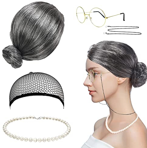 MIVAIUN 5 Stück Cosplay Perücken Set, Old Lady Kostüm Großmutter Cosplay Zubehör Set, Oma Perücke Großmutter Perücke, Oma Brille, Brillenketten,Perlenkette,Oma Verkleidung Fasching Karneval (5 Stück)