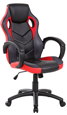 Dmora - Chaise à roulettes Caloundra, Fauteuil de Jeu Adulte, Chaise de Bureau, 66x61h104/114 cm, Noir et Rouge