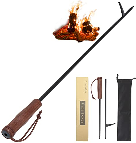 BIZOUTER Fire Poker 86,4 cm 2-in-1 Faltbarer Feuerschürhaken und Blasstab, Kamin-Werkzeug mit ergonomischem Holzgriff, tragbare Feuerstelle, Schürhaken für Lagerfeuer, Holzofen und Grill