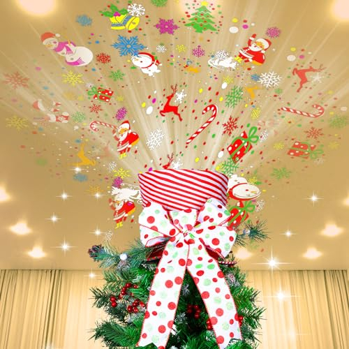 Shappy Christmas Tree Topper Hat Christmas Tree Topper Lighted, Red Pink Bow Extended Ribbon Top Hat with Colorful Christmas Theme Projector for Winter Holiday Xmas Tree Decor