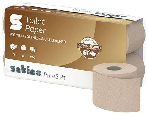Satino PureSoft Toilettenpapier 2-lagig – extrem weich & äußerst umweltfreundlich dank 100% Recyclingpapier – Made in Germany – 100% recycelbar – Umfang: 8 Rollen – 250 Blatt je Klorolle