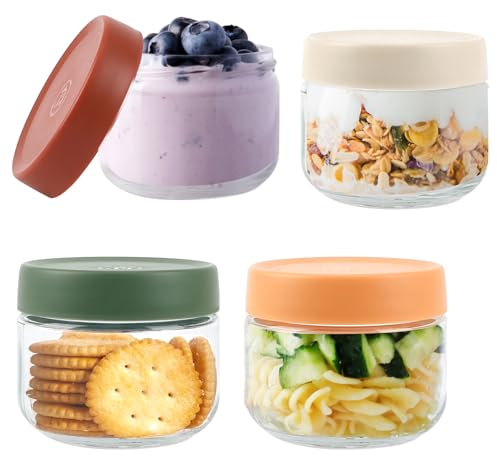 4 Tasses à Céréales à Yaourt, 300ml Verre d'avoine de Nuit avec Capuchon d'étanchéité Fileté, Verres d'avoine pour Avoine/Salades/Yaourt/Confitures, Bocal en Verre d'avoine en Verre Durable - 4Couleur