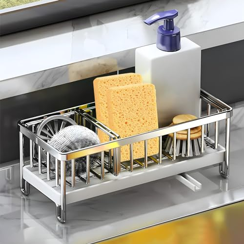 304 Stainless Steel Kitchen Sink Organizer, Sponge Holder Sink Caddy with Removable Drain Tray for Dish Rags Brush Soap Scrubber, Kitchen Sink Caddy Organiser Rack with Auto Drain Tray (A)