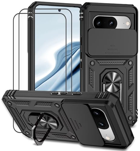 Dechyi Coque pour Google Pixel 7 avec Verre TrempéLentille Coulissante Couverture Support d’Anneau Rotatif Armor Silicone Étui Antichoc Housse Bumper-Noir