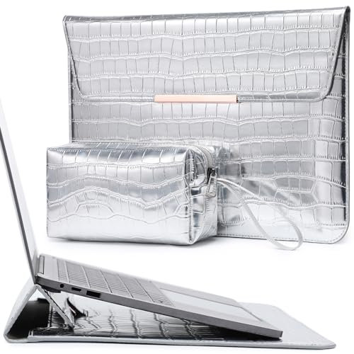 HYZUO 13.3-14 Inch Laptop Sleeve with Built-in Stand for MacBook Pro 14 M4/M3/M2/M1 2025-2021, Air 13.3, 13.5-13.8 Surface Laptop, Protective Case with Pouch, Crocodile Pattern Silver