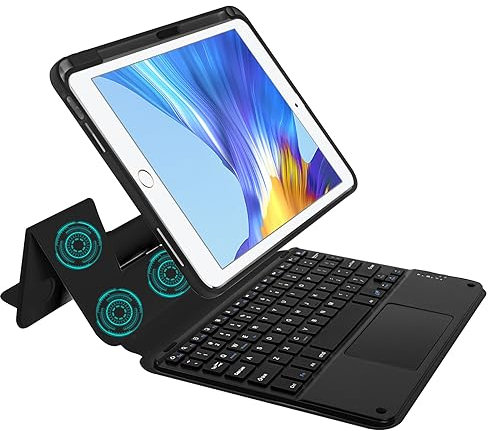 Miieadoo Custodia con tastiera Bluetooth con touchpad, custodia con tastiera per iPad, leggera, portatile, facile da trasportare, custodia intelligente sottile con staccabile e portamatite (nero, iPad