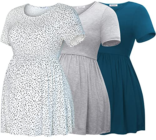 Bearsland Maternity Tops Short Sleeve Scoop Neck Breastfeeding T-Shirt Pregnancy Clothes, Lake Blue & Light Grey & White dots, Small