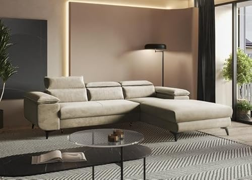 Easy4You Flat Ecksofa Beige L-Form Rechts 276 x 74 x 205 cm mit Schlaffunktion und Stauraum - Schlafsofa mit Bettkasten - Moderne Wohnzimmermöbel – Stoff: Monolith 04
