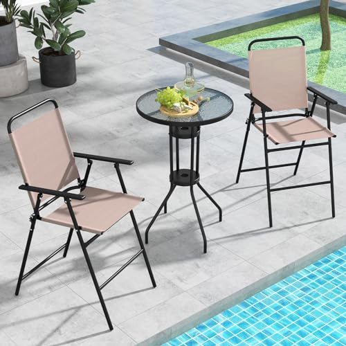 GOPLUS - Conjunto de salón jardín de 3 piezas, mesa redonda con 2 sillas plegables, bandeja de cristal templado con hermosas texturas, silla con apoyabrazos integrados y reposamanos equipados, carga
