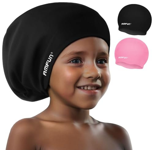 AMFUN Gorro Piscina Niño, 2PCS Negro/Rosa para Niños Gorros de Natación Elásticos, Gorro de Piscina de Silicona, para Niñas y Niños, 100% Hipoalergénica
