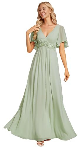 Ever-Pretty Robe de Témoin de Mariage Longue Appliqué Col V Manches Courtes Chic Verte Menthe 40